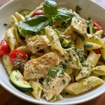 ['Close-up view of creamy garlic chicken pasta with zucchini and cherry tomatoes.', 'Side view of a delicious plate of summer garlic chicken pasta, garnished with basil.', 'Juicy chicken strips mixed with pasta, creamy garlic sauce, and fresh veggies.', 'Appetizing bowl of garlic chicken pasta featuring vibrant vegetables and cheese.']