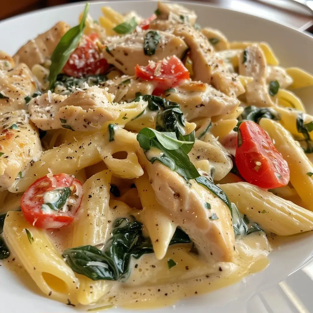 ['Close-up view of creamy garlic chicken pasta with zucchini and cherry tomatoes.', 'Side view of a delicious plate of summer garlic chicken pasta, garnished with basil.', 'Juicy chicken strips mixed with pasta, creamy garlic sauce, and fresh veggies.', 'Appetizing bowl of garlic chicken pasta featuring vibrant vegetables and cheese.']