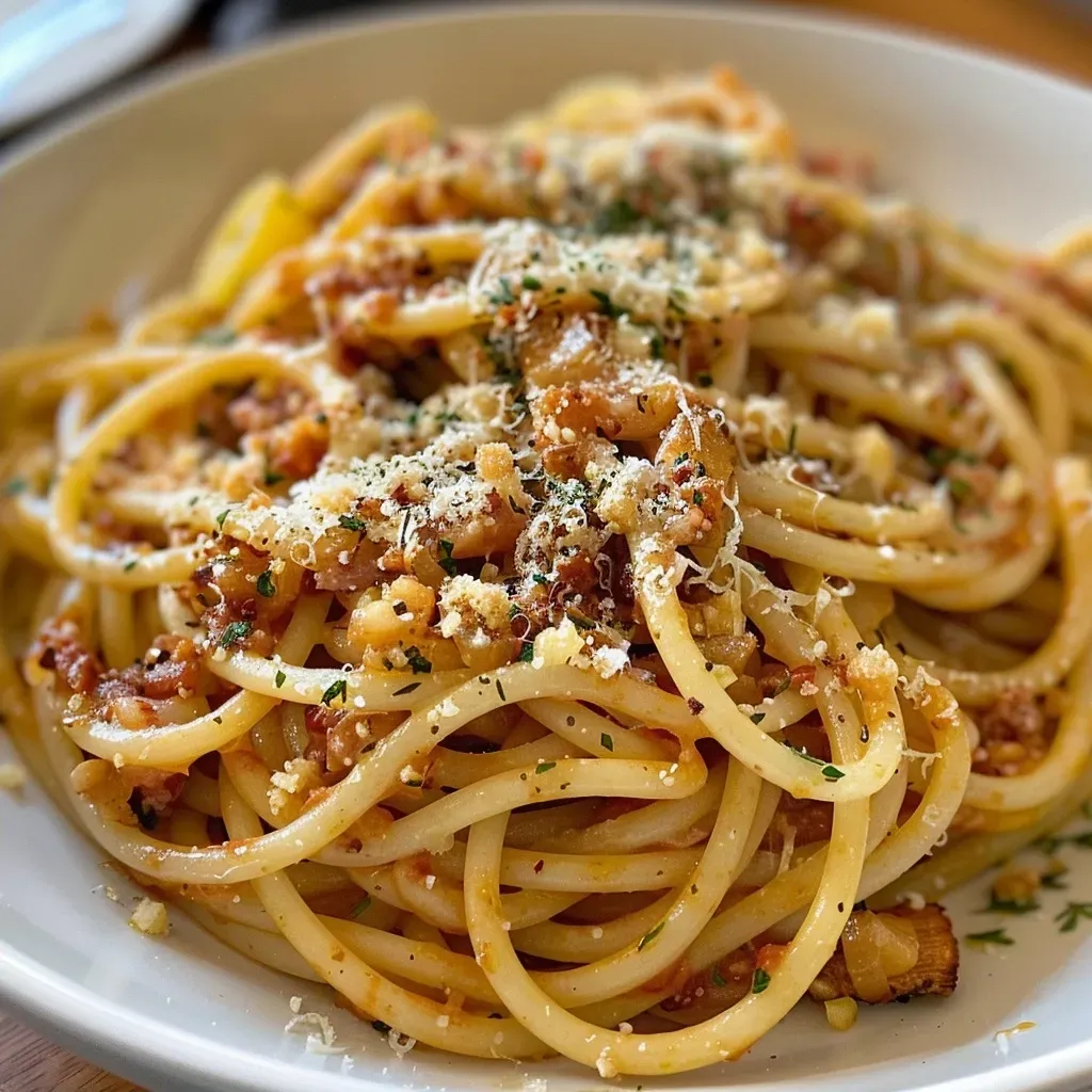 Close-up view of spaghetti with shrimp in a creamy sauce, garnished with herbs.