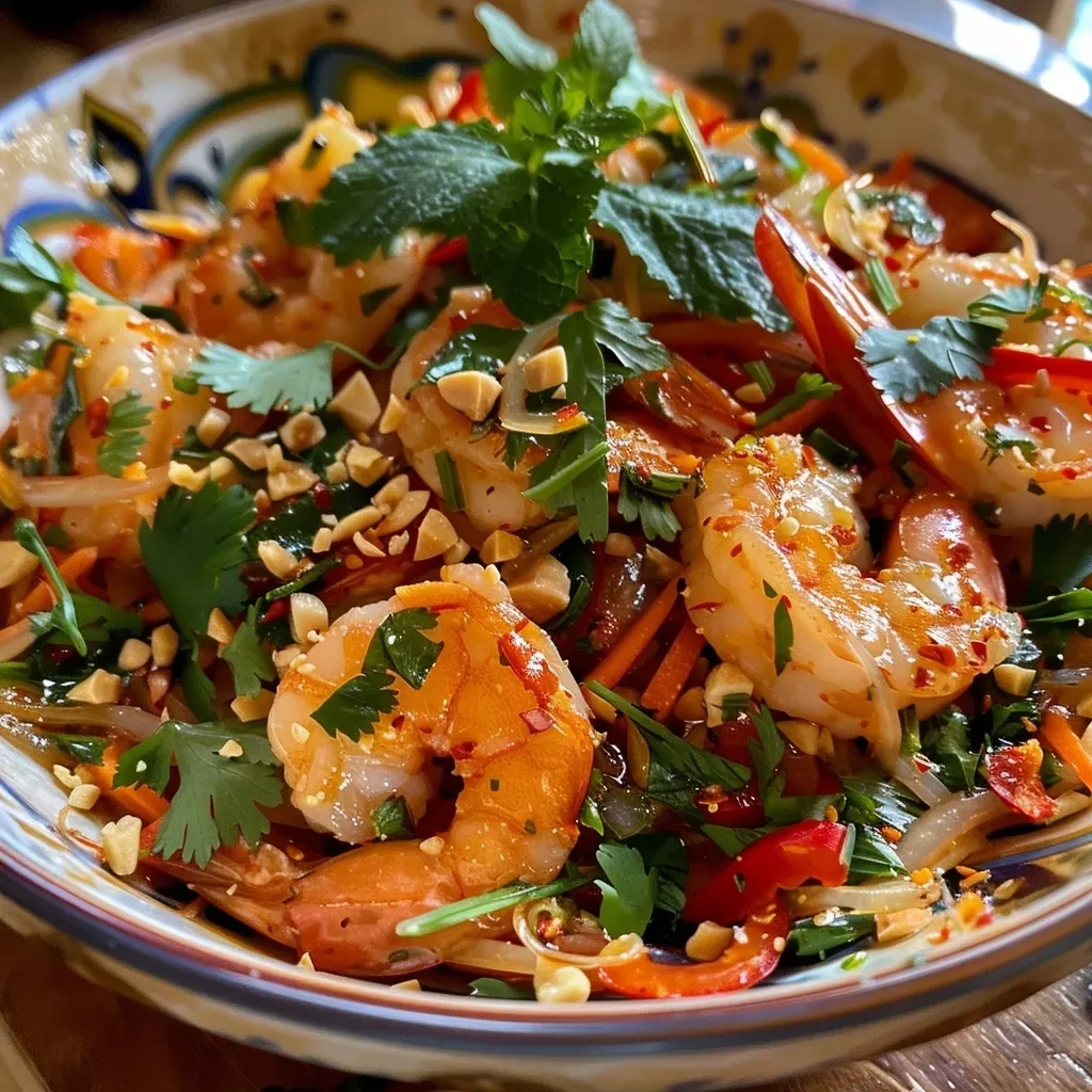 Close-up view of a colorful Spicy Thai Shrimp Salad with vibrant greens and shrimp.