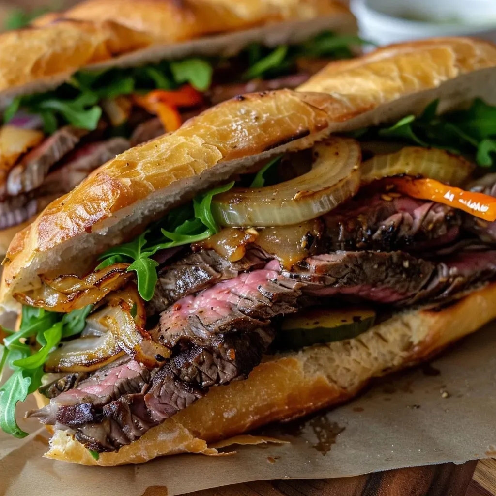 Close-up view of a juicy steak sandwich with melted cheese and fresh veggies.