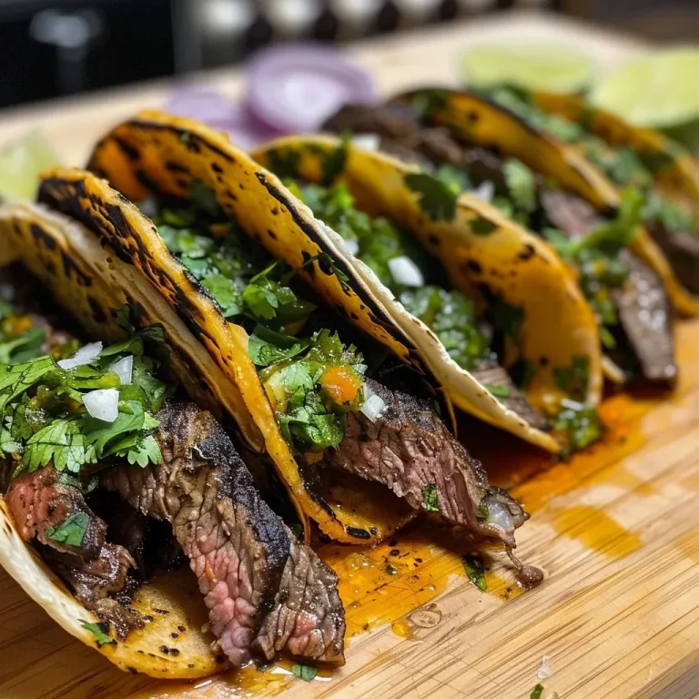 ['Close-up view of juicy steak tacos topped with chimichurri sauce, fresh cilantro, and red onion.', 'Side view of vibrant steak tacos garnished with Cotija cheese and jalapeño, resting on a wooden surface.', 'Mouth-watering steak tacos with a drizzle of chimichurri, showcasing fresh ingredients and warm tortillas.', 'Deliciously plated steak tacos with chimichurri, highlighting the freshness of cilantro and juicy steak.']