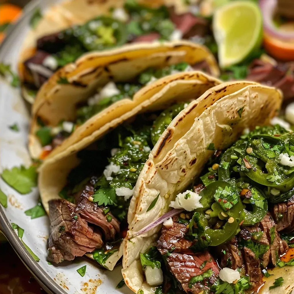 ['Close-up view of juicy steak tacos topped with chimichurri sauce, fresh cilantro, and red onion.', 'Side view of vibrant steak tacos garnished with Cotija cheese and jalapeño, resting on a wooden surface.', 'Mouth-watering steak tacos with a drizzle of chimichurri, showcasing fresh ingredients and warm tortillas.', 'Deliciously plated steak tacos with chimichurri, highlighting the freshness of cilantro and juicy steak.']