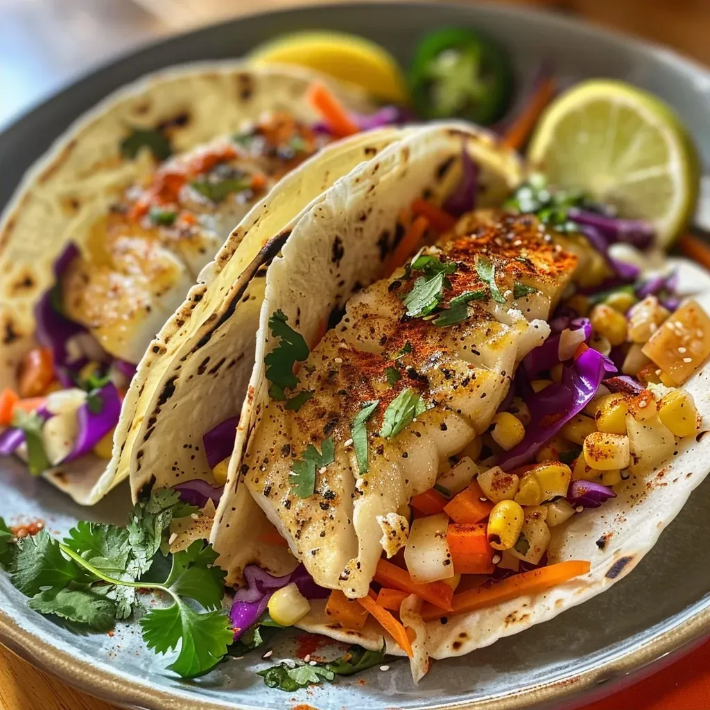 Close-up view of colorful tacos filled with various ingredients.