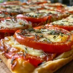 ['Close-up side view of a rustic tart filled with tomatoes and goat cheese.', 'Juicy Tarte Rustique showcasing vibrant tomatoes and creamy goat cheese.', 'Delicious tart featuring fresh tomatoes and goat cheese in a flaky crust.', 'Side view of a savory rustic tart with colorful tomatoes and herbs.']