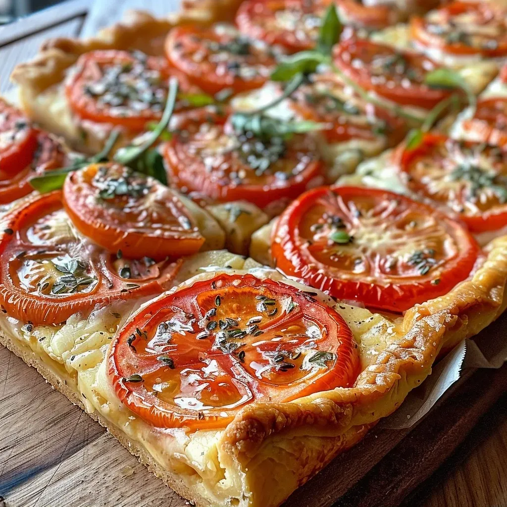 ['Close-up side view of a rustic tart filled with tomatoes and goat cheese.', 'Juicy Tarte Rustique showcasing vibrant tomatoes and creamy goat cheese.', 'Delicious tart featuring fresh tomatoes and goat cheese in a flaky crust.', 'Side view of a savory rustic tart with colorful tomatoes and herbs.']