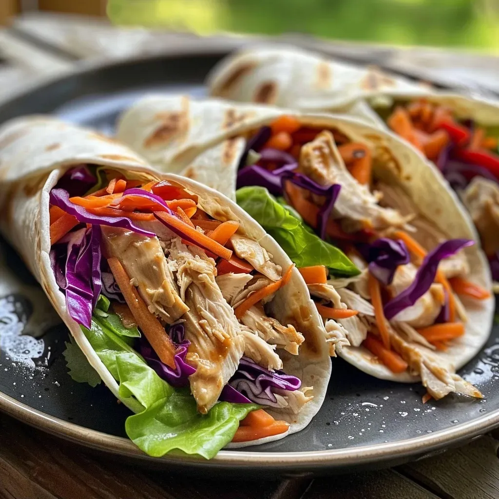 Close-up of a juicy Teriyaki chicken wrap filled with colorful vegetables.