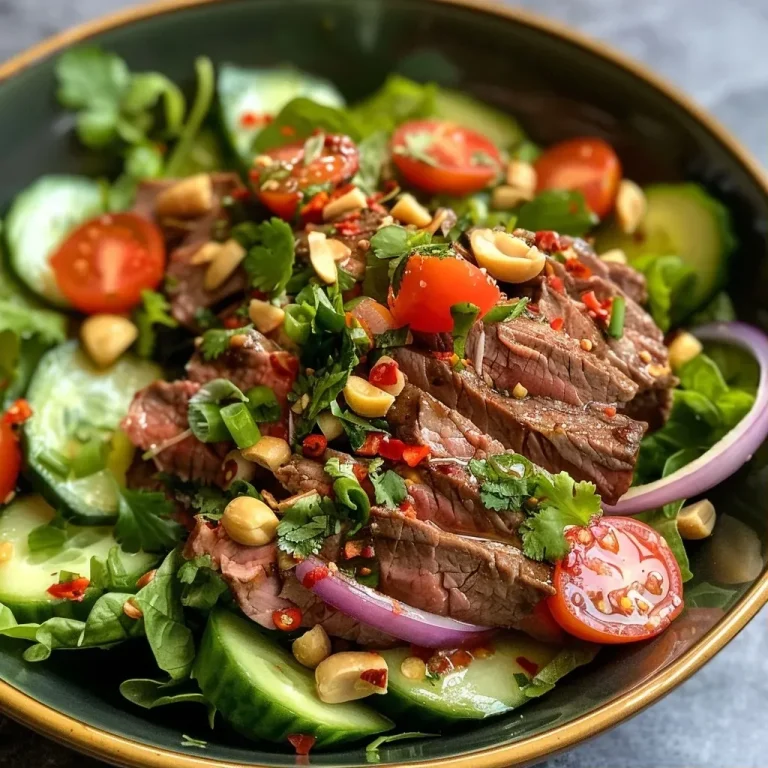 ['Close-up view of a Thai beef salad with vibrant ingredients.', 'Juicy skirt steak slices atop a bed of fresh romaine lettuce and mixed vegetables.', 'Colorful Thai beef salad showcasing cucumber, tomatoes, and herbs.', 'Deliciously arranged Thai beef salad highlighting bright greens and garnishes.']