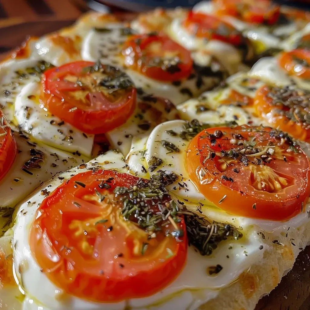 ['Close-up view of a baked tomato and mozzarella casserole, showcasing melted cheese and fresh basil.', 'Side view of a vibrant tomato mozzarella bake, with layers of juicy tomatoes and gooey mozzarella.', 'A slice of tomato and mozzarella casserole, emphasizing fresh ingredients and golden crust.', 'Detailed image of a tomato mozzarella dish, featuring a rich texture and colorful herbs.']