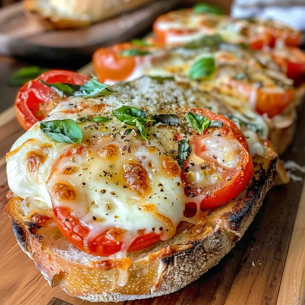 Close-up view of a baked tomato and mozzarella casserole, showcasing melted cheese and fresh basil.