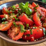 ['Close-up view of a vibrant tomato and garlic salad with fresh herbs.', 'Juicy tomatoes and garlic cloves arranged in a bowl, garnished with herbs.', 'Side view of a colorful salad featuring tomatoes, garlic, and olive oil dressing.', 'A fresh, appetizing salad made of tomatoes, garlic, and green herbs.']