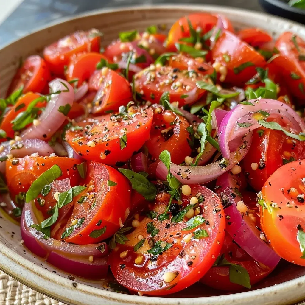 ['Close-up view of a vibrant tomato and garlic salad with fresh herbs.', 'Juicy tomatoes and garlic cloves arranged in a bowl, garnished with herbs.', 'Side view of a colorful salad featuring tomatoes, garlic, and olive oil dressing.', 'A fresh, appetizing salad made of tomatoes, garlic, and green herbs.']