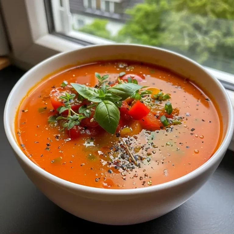 ['Close-up view of a vibrant tomato and bell pepper soup in a bowl.', 'Side view of a steaming bowl of tomato pepper soup garnished with basil.', 'Juicy, rich tomato and bell pepper soup with visible chunks of vegetables.', 'Delicious homemade soup showcasing tomatoes and red peppers in a rustic bowl.']
