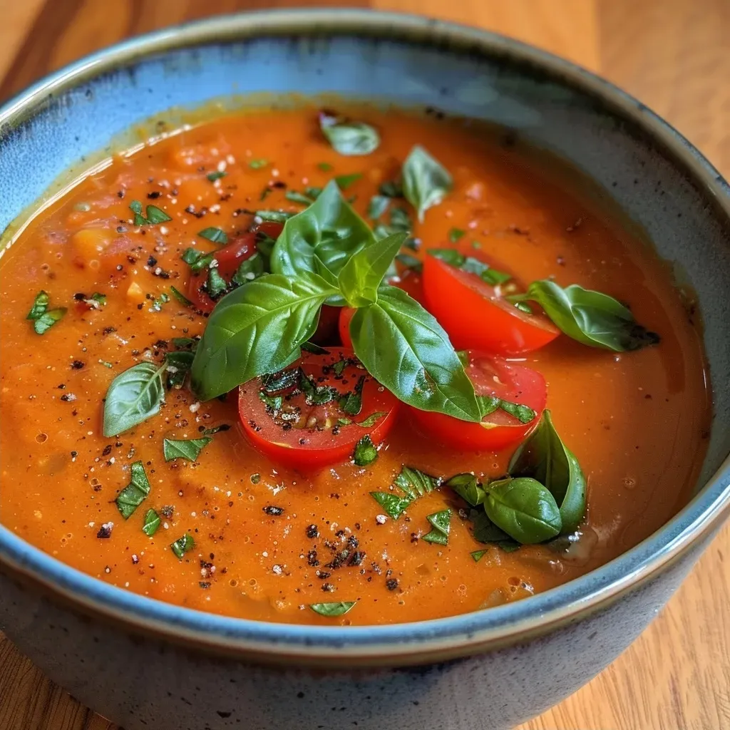 Close-up view of a vibrant tomato and bell pepper soup in a bowl.