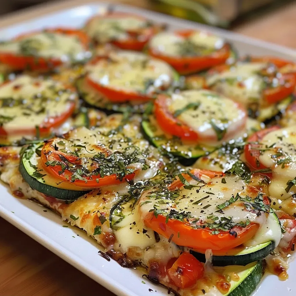A close-up side view of a baked tomato and zucchini casserole topped with melted mozzarella cheese.