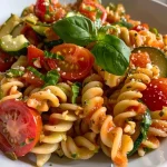 ['Close-up of a bowl of Tomaten-Zucchini-Pasta garnished with fresh herbs.', 'Side view of a plate filled with vibrant Tomaten-Zucchini-Pasta topped with parmesan.', 'Juicy Tomaten-Zucchini-Pasta featuring slices of zucchini and halved cherry tomatoes.', 'A colorful dish of pasta with tomatoes and zucchini, ready to be served.']
