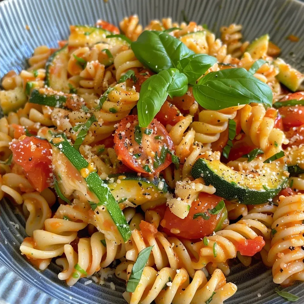 ['Close-up of a bowl of Tomaten-Zucchini-Pasta garnished with fresh herbs.', 'Side view of a plate filled with vibrant Tomaten-Zucchini-Pasta topped with parmesan.', 'Juicy Tomaten-Zucchini-Pasta featuring slices of zucchini and halved cherry tomatoes.', 'A colorful dish of pasta with tomatoes and zucchini, ready to be served.']