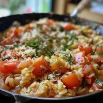 ['Close-up view of creamy tomato risotto with fresh ingredients.', 'Side perspective of a bowl of tomato risotto garnished with basil.', 'Juicy tomato risotto featuring Datteltomaten and Parmesan cheese.', 'Detailed shot of risotto with vibrant red tomatoes in a bowl.']