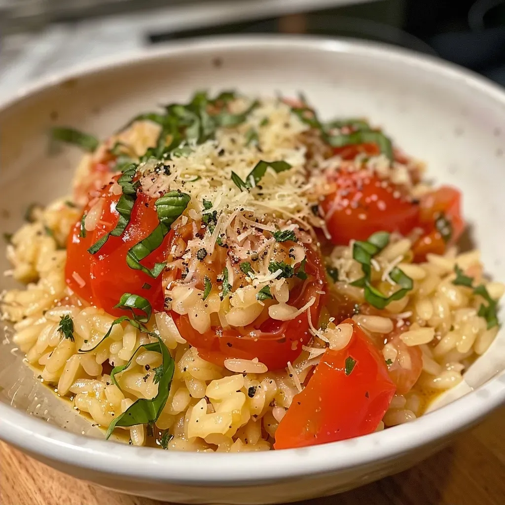 ['Close-up view of creamy tomato risotto with fresh ingredients.', 'Side perspective of a bowl of tomato risotto garnished with basil.', 'Juicy tomato risotto featuring Datteltomaten and Parmesan cheese.', 'Detailed shot of risotto with vibrant red tomatoes in a bowl.']