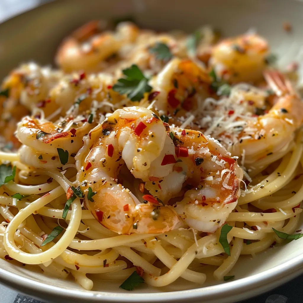 Close-up view of creamy garlic shrimp pasta with spinach and parmesan.