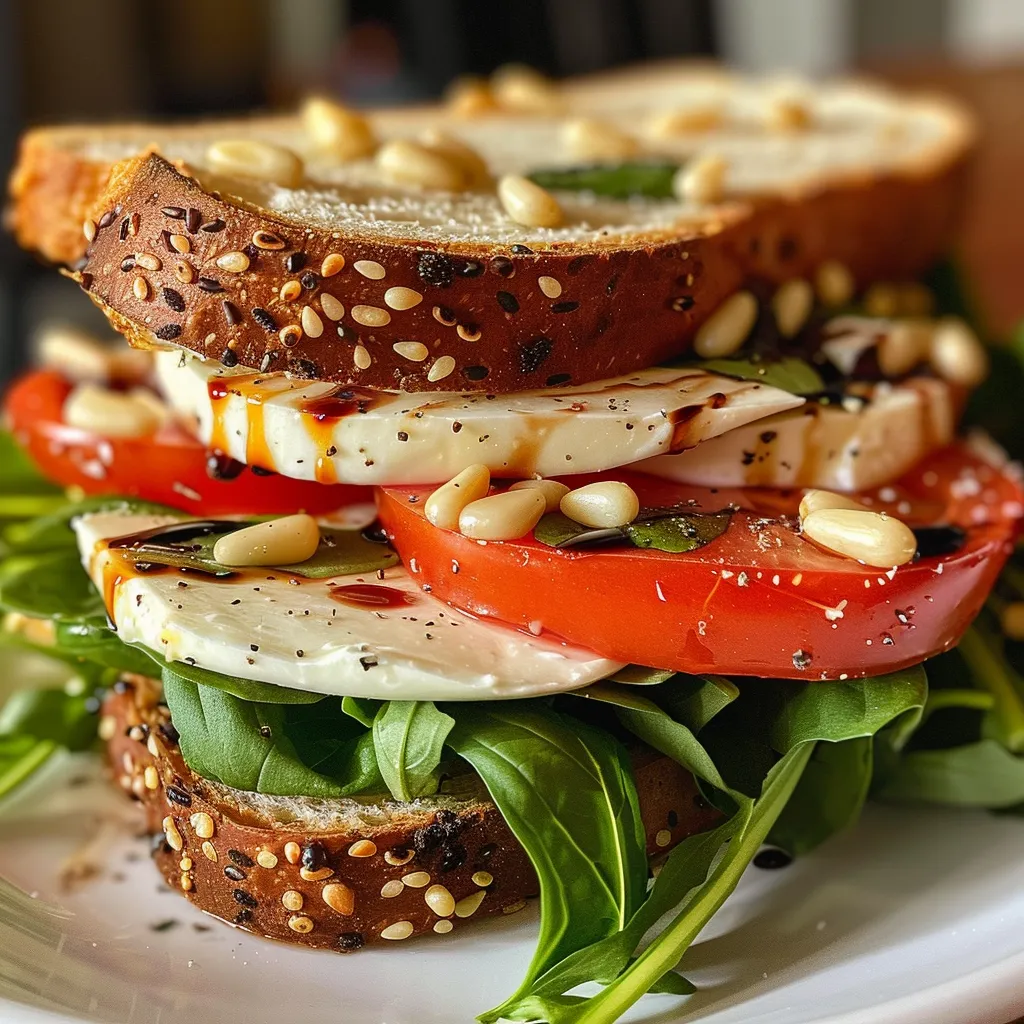 ['Close-up of a Caprese sandwich showcasing layers of fresh mozzarella, tomatoes, arugula, and basil.', 'Side view of a juicy Caprese sandwich with vibrant ingredients stacked between crusty baguette slices.', 'Detail shot of an open Caprese sandwich featuring basil, sliced tomatoes, and balsamic glaze on a baguette.', 'Appetizing close-up of a Caprese sandwich highlighting fresh ingredients and vibrant colors.']