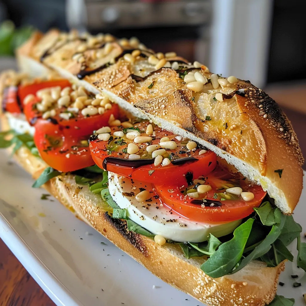 ['Close-up of a Caprese sandwich showcasing layers of fresh mozzarella, tomatoes, arugula, and basil.', 'Side view of a juicy Caprese sandwich with vibrant ingredients stacked between crusty baguette slices.', 'Detail shot of an open Caprese sandwich featuring basil, sliced tomatoes, and balsamic glaze on a baguette.', 'Appetizing close-up of a Caprese sandwich highlighting fresh ingredients and vibrant colors.']