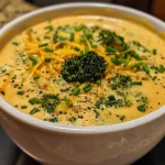 ['A creamy Brokkoli Käse-Suppe in a bowl, showcasing vibrant green broccoli pieces.', 'A close-up of a steaming bowl of Brokkoli Käse-Suppe, with melted cheddar cheese on top.', 'Side view of thick Brokkoli Käse-Suppe, featuring chunks of carrots and broccoli.', 'A delicious bowl of Brokkoli Käse-Suppe, garnished and ready to serve.']