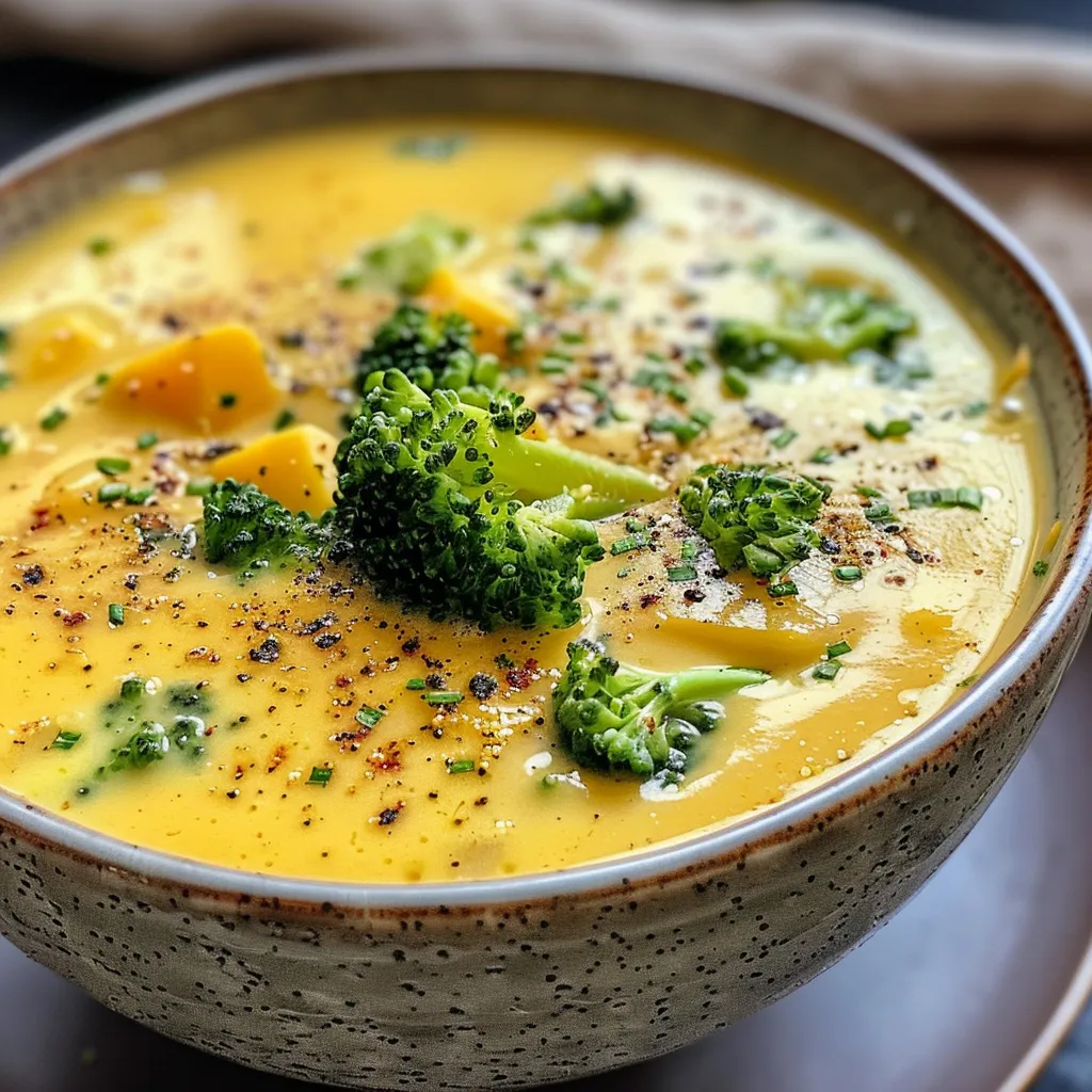 ['A creamy Brokkoli Käse-Suppe in a bowl, showcasing vibrant green broccoli pieces.', 'A close-up of a steaming bowl of Brokkoli Käse-Suppe, with melted cheddar cheese on top.', 'Side view of thick Brokkoli Käse-Suppe, featuring chunks of carrots and broccoli.', 'A delicious bowl of Brokkoli Käse-Suppe, garnished and ready to serve.']