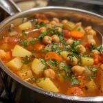 ['Close-up view of a bowl of Mediterranean chickpea soup with vibrant vegetables.', 'A rich bowl of chickpea soup featuring carrots, celery, and spices, displayed from the side.', 'Side view of a hearty Mediterranean chickpea soup served in a rustic bowl.', 'Detailed close-up of chickpea soup highlighting the colorful ingredients and texture.']