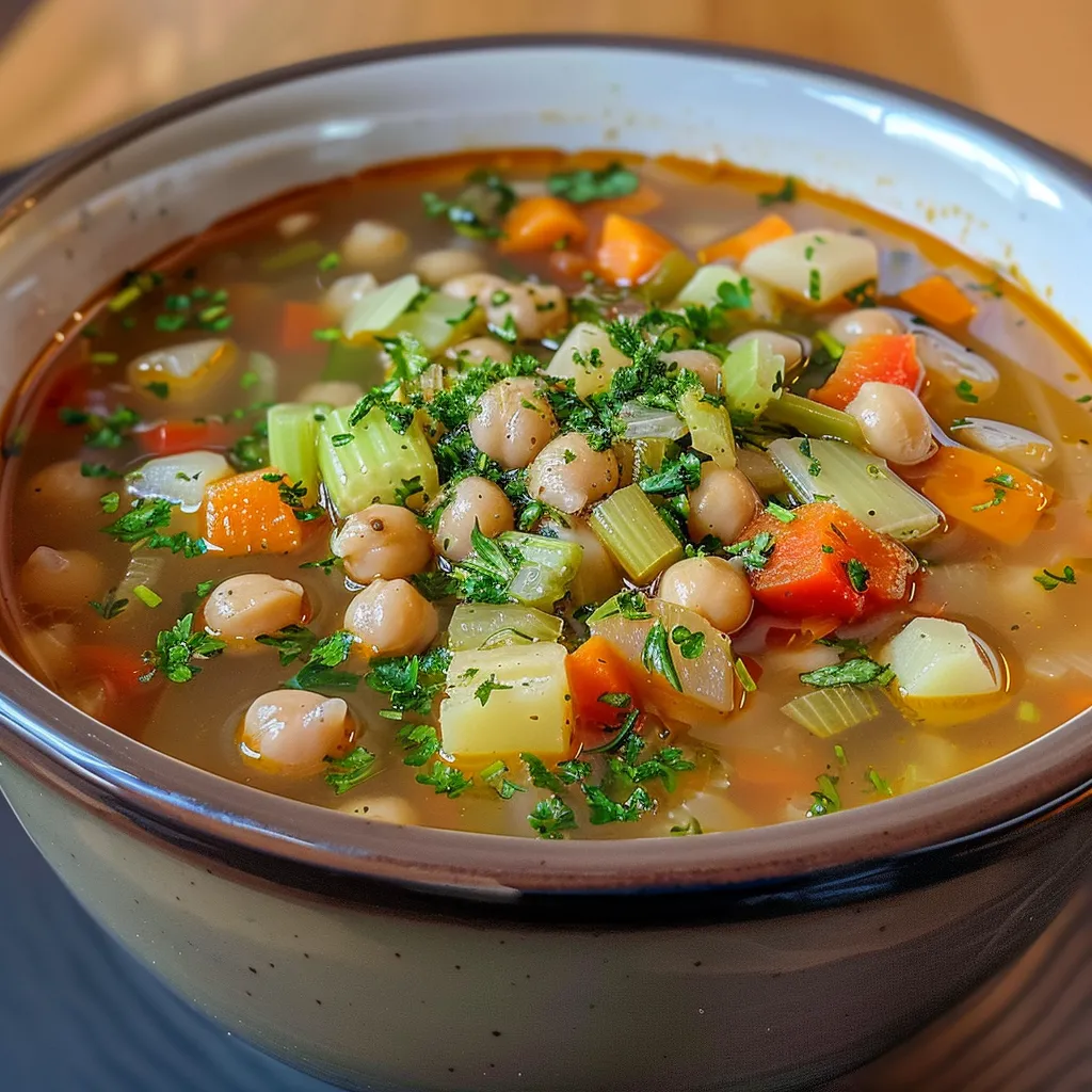 Close-up view of a bowl of Mediterranean chickpea soup with vibrant vegetables.