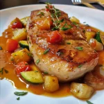 ['Juicy Paprika Zucchini Chicken in a creamy sauce.', 'Close up of vibrant chicken dish with peppers and zucchini.', 'Colorful Paprika Zucchini Chicken garnished and served on a plate.', 'Succulent chicken breast with red and yellow peppers and zucchini slices.']