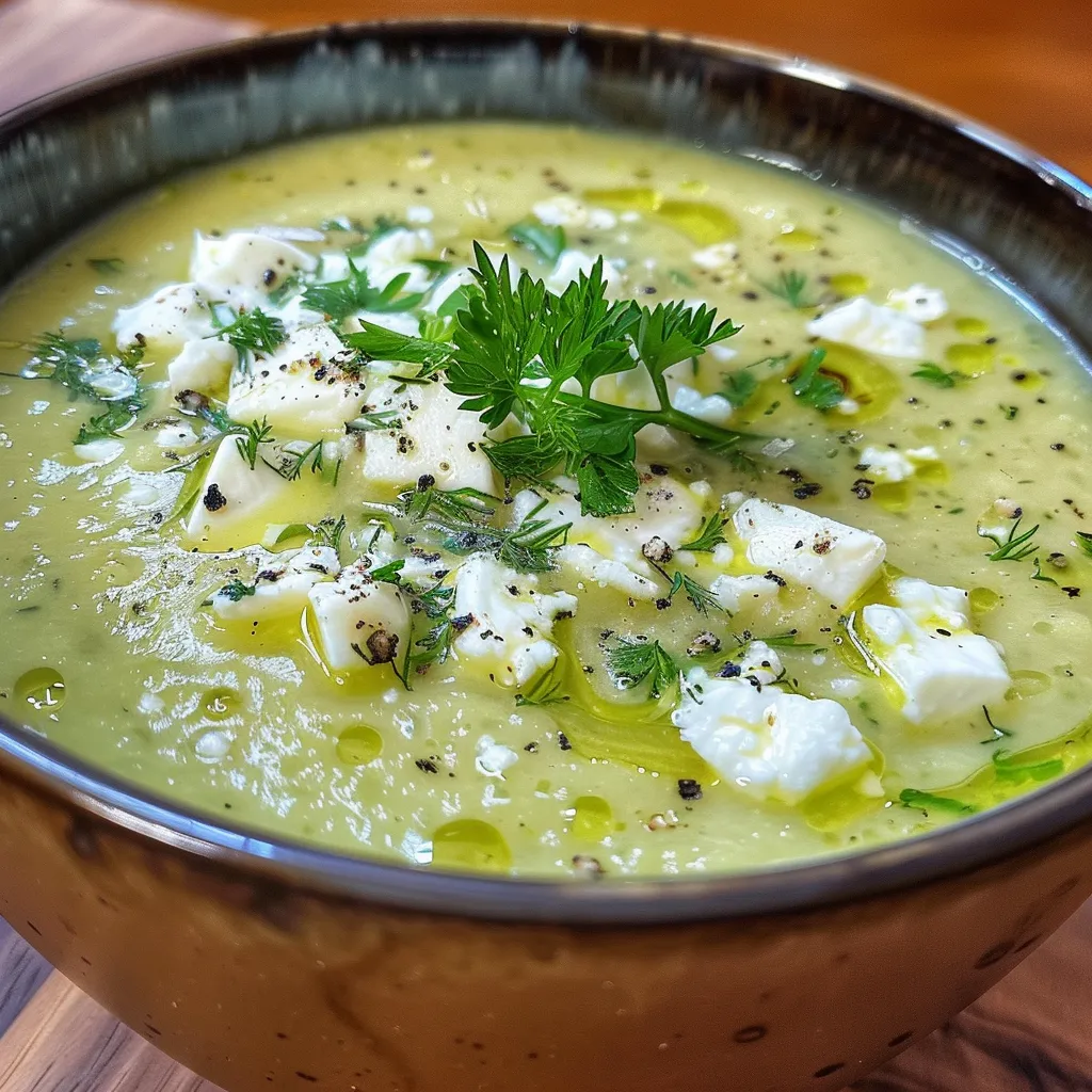 ['Creamy roasted zucchini soup in a bowl topped with crumbled feta and fresh herbs.', 'Close-up view of a vibrant zucchini soup garnished with feta cheese and dill.', 'A luscious bowl of zucchini soup with a smooth texture, featuring green herbs and feta crumbles.', 'Side view of a creamy zucchini soup showcasing its rich color and toppings of feta and thyme.']