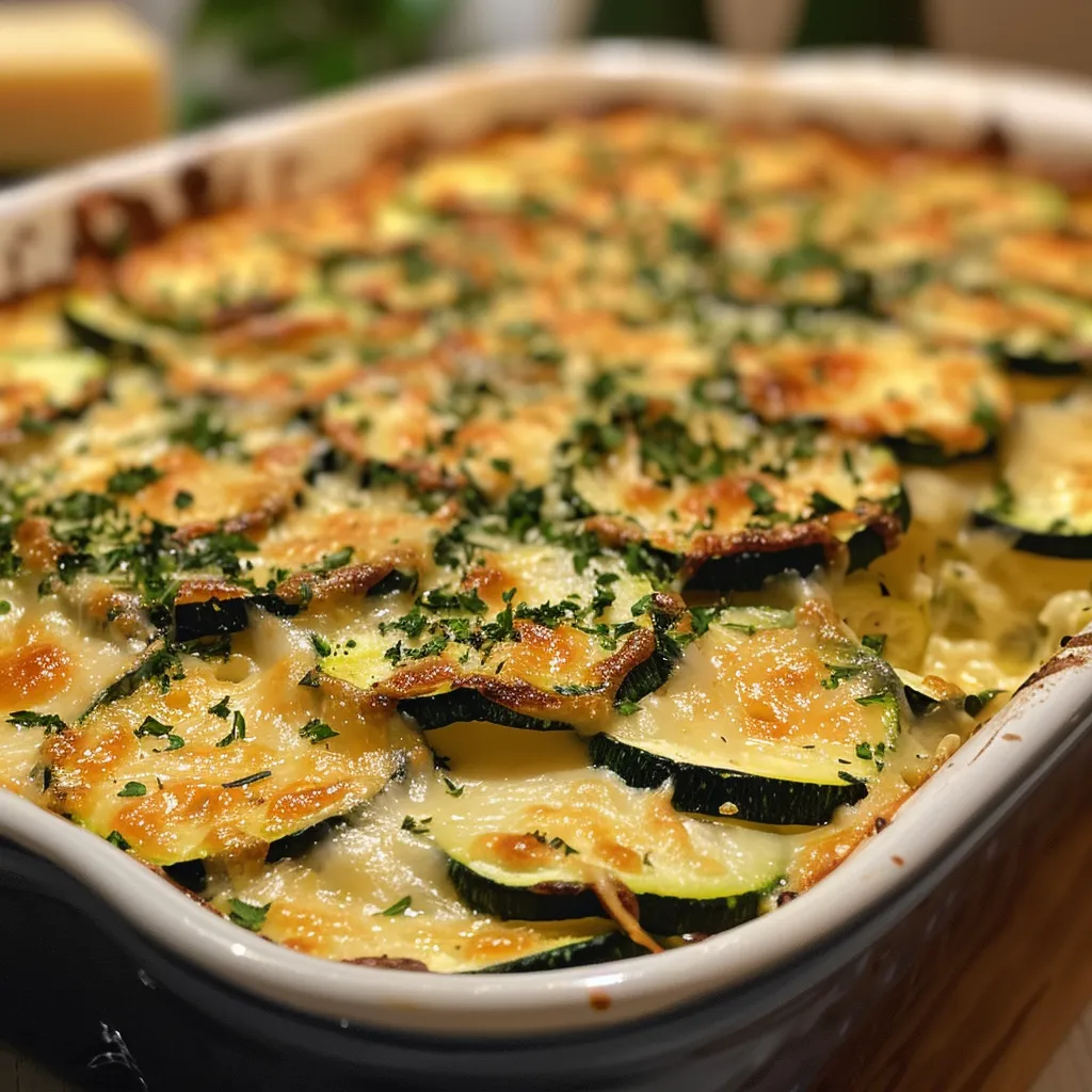 ['Close-up of creamy zucchini gratin, showcasing layers of golden cheese and sliced zucchini.', 'Side view of a delicious zucchini gratin, highlighting its melted cheese and fresh herbs.', 'Juicy zucchini gratin with bubbling cheese and a sprinkle of parsley on top.', 'Appetizing slice of zucchini gratin, revealing creamy texture and rich flavors.']