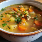['Close-up view of Kartoffelsuppe with sausages in a bowl, garnished with fresh parsley.', 'Side view of a creamy potato soup with sliced sausages, showcasing vibrant vegetables.', 'Detailed image of Kartoffelsuppe featuring carrots and leeks, topped with parsley.', 'Warm bowl of Kartoffelsuppe with Wiener Würstchen, emphasizing the texture of the soup.']
