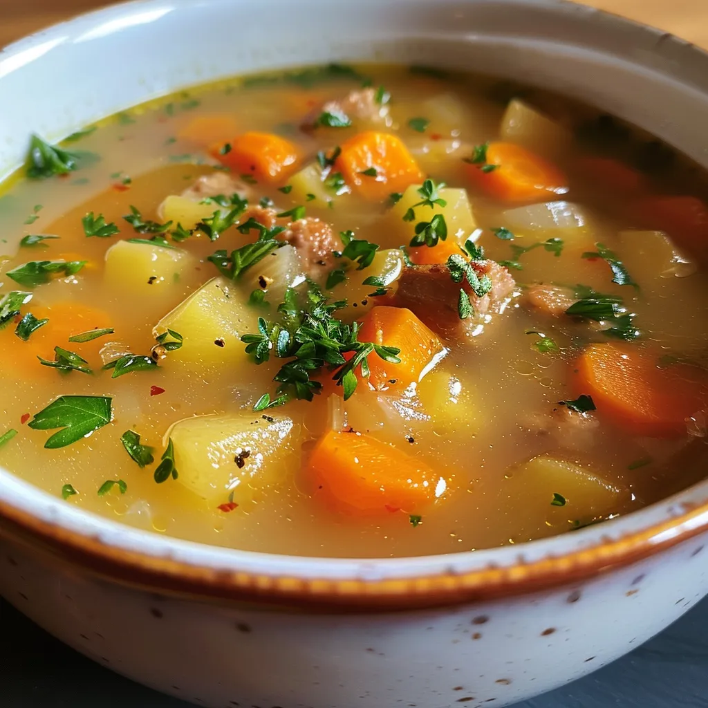 ['Close-up view of Kartoffelsuppe with sausages in a bowl, garnished with fresh parsley.', 'Side view of a creamy potato soup with sliced sausages, showcasing vibrant vegetables.', 'Detailed image of Kartoffelsuppe featuring carrots and leeks, topped with parsley.', 'Warm bowl of Kartoffelsuppe with Wiener Würstchen, emphasizing the texture of the soup.']