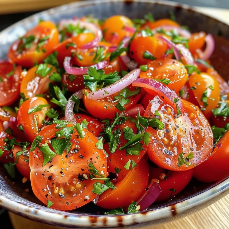 ['Close-up of a vibrant tomato salad with fresh herbs, showcasing halved Roma tomatoes, chopped parsley, and sliced scallions.', 'A side view of a colorful tomato salad, featuring juicy tomatoes, red onion, and a drizzle of balsamic vinegar.', 'A detailed look at a fresh tomato salad, highlighting textures of herbs and vegetables combined in a bowl.', 'A mouthwatering arrangement of sliced tomatoes and herbs, garnished and ready to serve.']