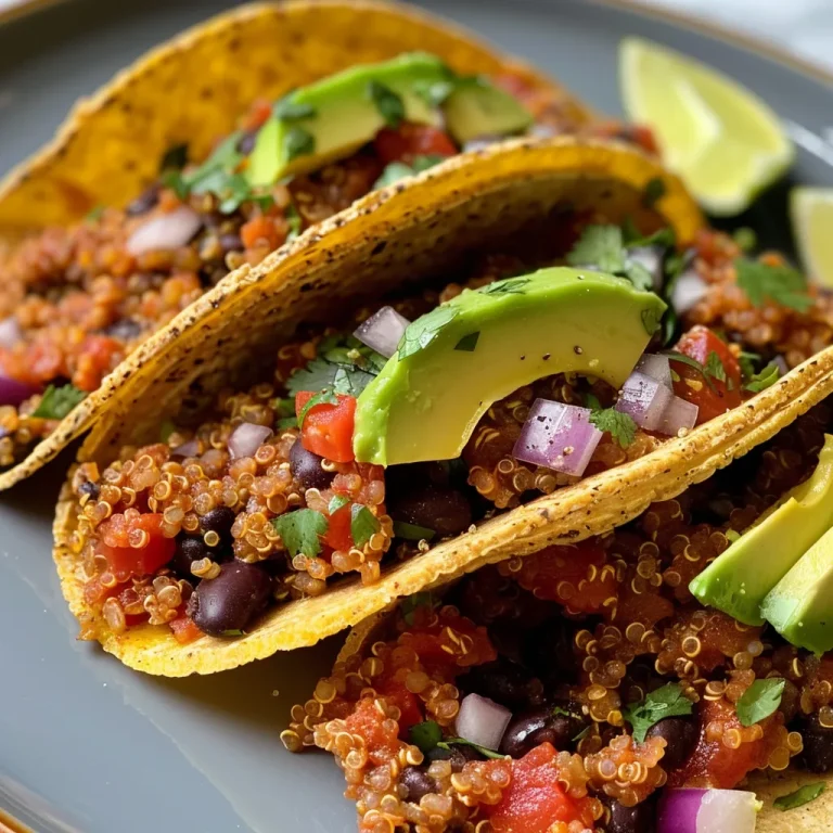 ['Close-up of zesty quinoa and black bean tacos topped with avocado and cilantro.', 'Side view of quinoa and black bean tacos garnished with Greek yogurt and jalapeño slices.', 'Delicious quinoa and black bean tacos served in corn tortillas with fresh ingredients.', 'Colorful presentation of tacos filled with quinoa, black beans, and vibrant vegetables.']