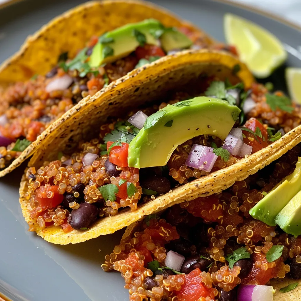 ['Close-up of zesty quinoa and black bean tacos topped with avocado and cilantro.', 'Side view of quinoa and black bean tacos garnished with Greek yogurt and jalapeño slices.', 'Delicious quinoa and black bean tacos served in corn tortillas with fresh ingredients.', 'Colorful presentation of tacos filled with quinoa, black beans, and vibrant vegetables.']