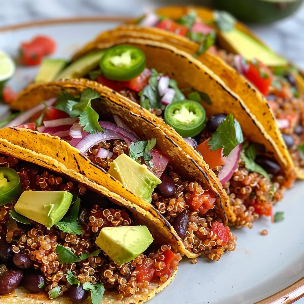 ['Close-up of zesty quinoa and black bean tacos topped with avocado and cilantro.', 'Side view of quinoa and black bean tacos garnished with Greek yogurt and jalapeño slices.', 'Delicious quinoa and black bean tacos served in corn tortillas with fresh ingredients.', 'Colorful presentation of tacos filled with quinoa, black beans, and vibrant vegetables.']