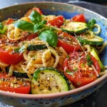 ['A close-up view of a colorful bowl of whole grain pasta with zucchini and fresh tomatoes.', 'A vibrant plate of healthy tomato and zucchini pasta, garnished with fresh basil.', 'Side view of a nutritious tomato-zucchini noodle bowl, showcasing juicy ingredients.', 'A detailed image of whole grain pasta mixed with zucchini and diced tomatoes in a bowl.']