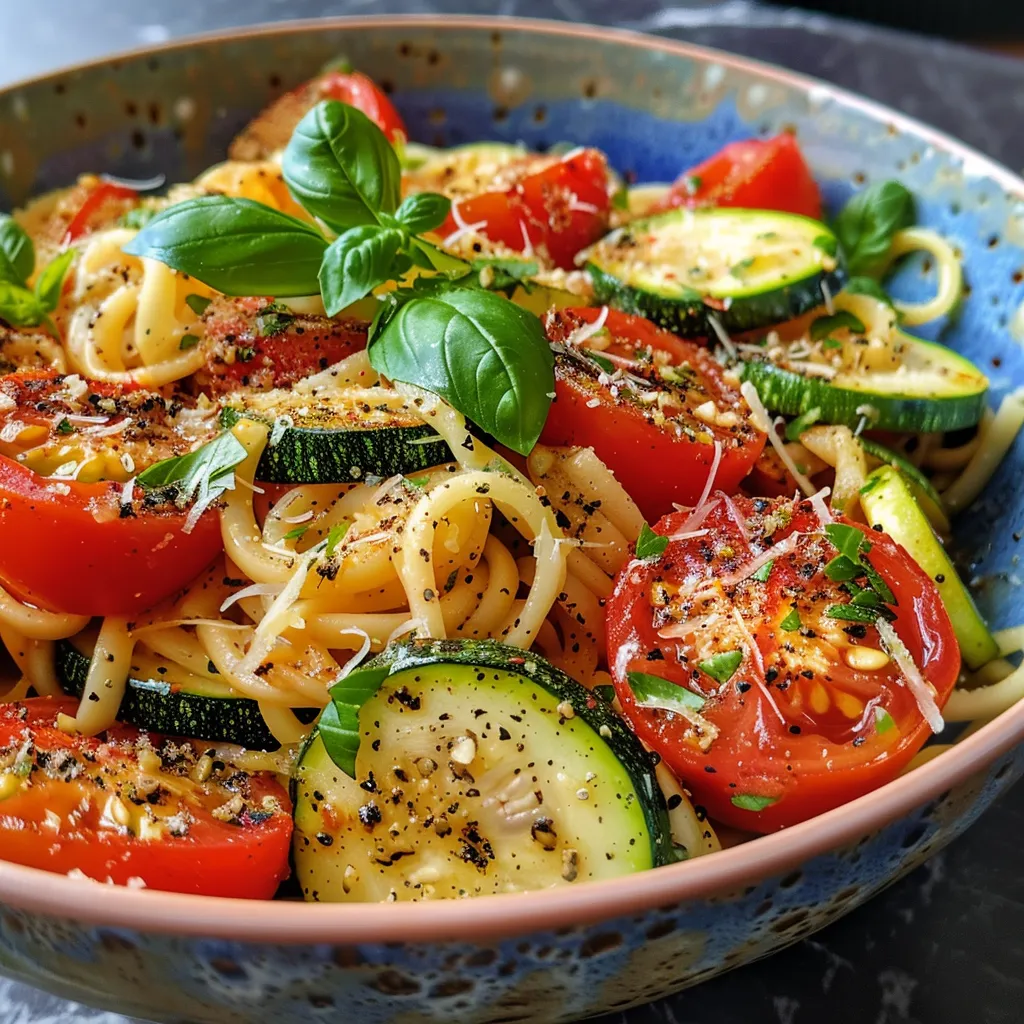 ['A close-up view of a colorful bowl of whole grain pasta with zucchini and fresh tomatoes.', 'A vibrant plate of healthy tomato and zucchini pasta, garnished with fresh basil.', 'Side view of a nutritious tomato-zucchini noodle bowl, showcasing juicy ingredients.', 'A detailed image of whole grain pasta mixed with zucchini and diced tomatoes in a bowl.']