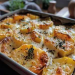 ['Close-up of a creamy potato gratin with cheese and onions.', 'Side view of layered potato gratin topped with melted cheese.', 'Juicy Überbackenes Kartoffelgratin with golden crust and visible ingredients.', 'Delicious potato gratin served in a baking dish, revealing its rich, cheesy layers.']