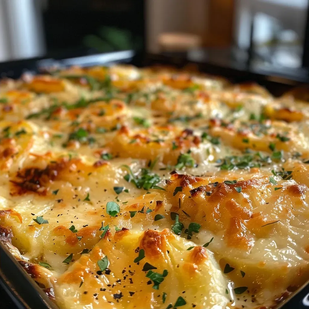 ['Close-up of a creamy potato gratin with cheese and onions.', 'Side view of layered potato gratin topped with melted cheese.', 'Juicy Überbackenes Kartoffelgratin with golden crust and visible ingredients.', 'Delicious potato gratin served in a baking dish, revealing its rich, cheesy layers.']