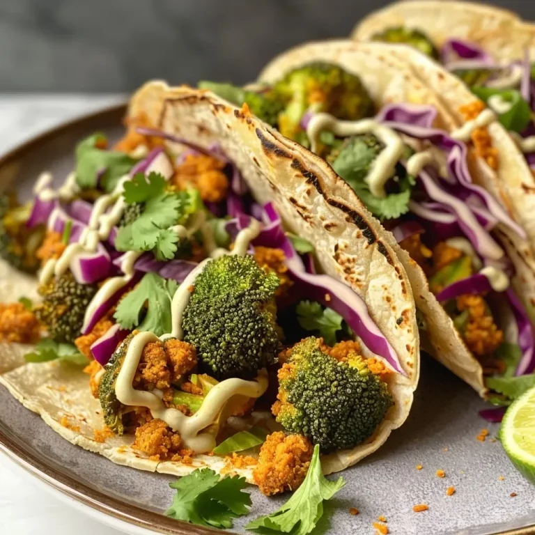 ['Close-up of vibrant vegan broccoli tacos arranged on a plate.', 'Side view of juicy broccoli tacos with fresh toppings and tortillas.', 'Detailed shot of colorful vegan broccoli tacos showcasing ingredients.', 'Mouth-watering vegan tacos filled with chopped broccoli and garnished.']