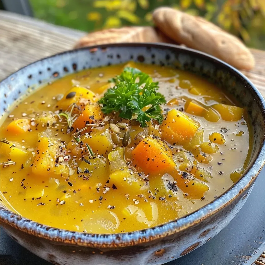Close-up of a bowl of vegan potato-leek soup with vibrant vegetables.