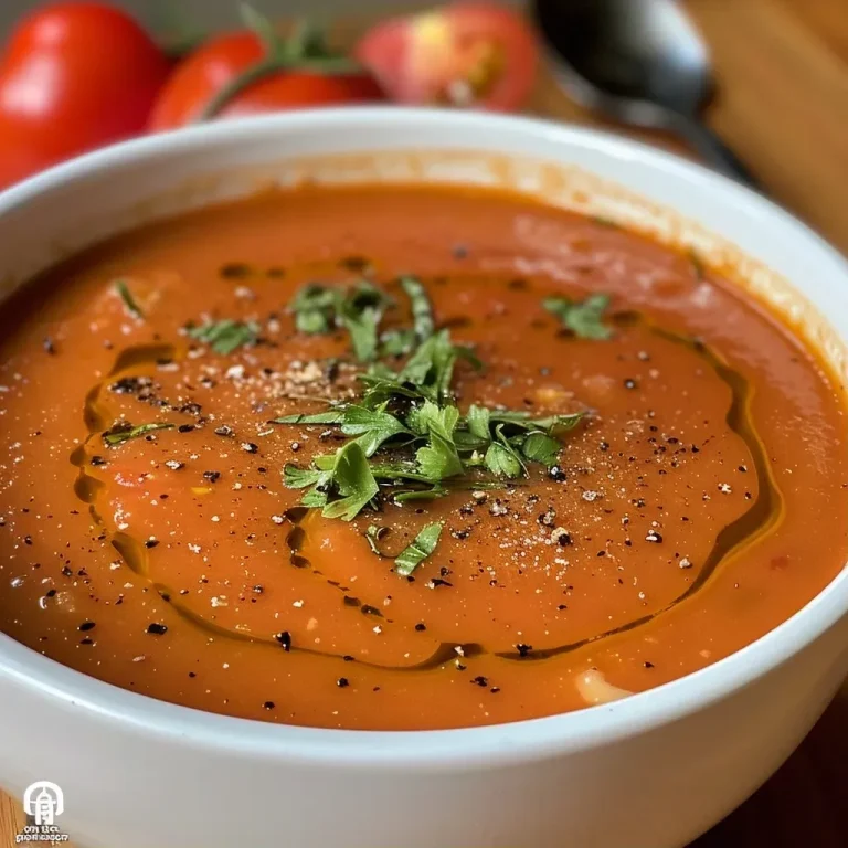 ['A close-up view of a bowl of vegan tomato soup, garnished with fresh basil and a sprinkle of red chili flakes.', 'A vibrant bowl of vegan tomato soup with pasta, topped with vegan parmesan and chopped herbs.', 'A rich, red tomato soup in a rustic bowl, featuring fresh ingredients like basil and a drizzle of plant cream.', 'A side view of creamy vegan tomato soup, showcasing its smooth texture and garnishes of parsley and chili flakes.']