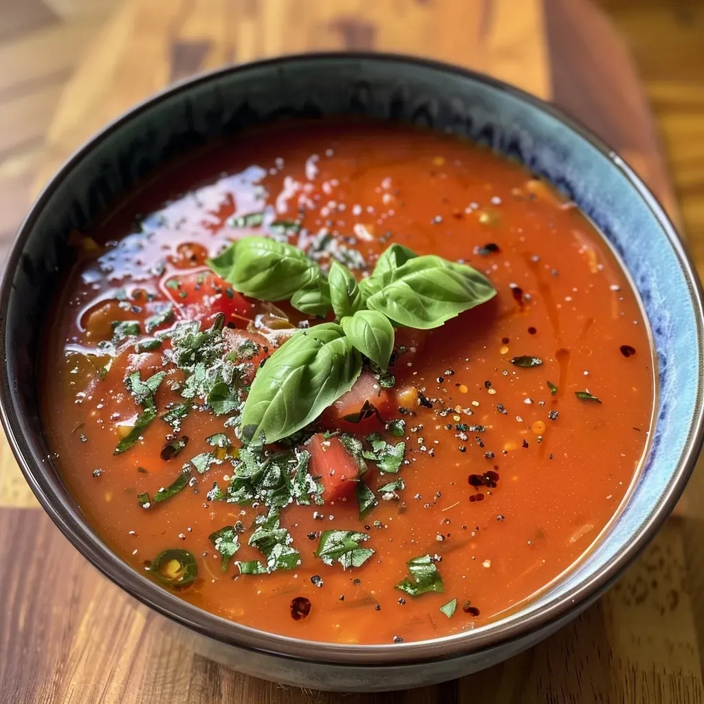 ['A close-up view of a bowl of vegan tomato soup, garnished with fresh basil and a sprinkle of red chili flakes.', 'A vibrant bowl of vegan tomato soup with pasta, topped with vegan parmesan and chopped herbs.', 'A rich, red tomato soup in a rustic bowl, featuring fresh ingredients like basil and a drizzle of plant cream.', 'A side view of creamy vegan tomato soup, showcasing its smooth texture and garnishes of parsley and chili flakes.']