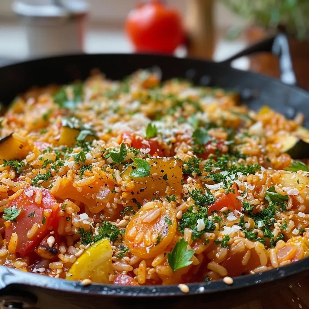 ['Close-up of a colorful vegetarian rice dish with bell peppers and zucchini.', 'Side view of a vibrant skillet filled with paprika rice, zucchini, and herbs.', 'Juicy, colorful vegetarian rice pan featuring bell peppers and zucchini.', 'A delicious vegetarian dish with rice, zucchini, and a variety of colorful peppers.']