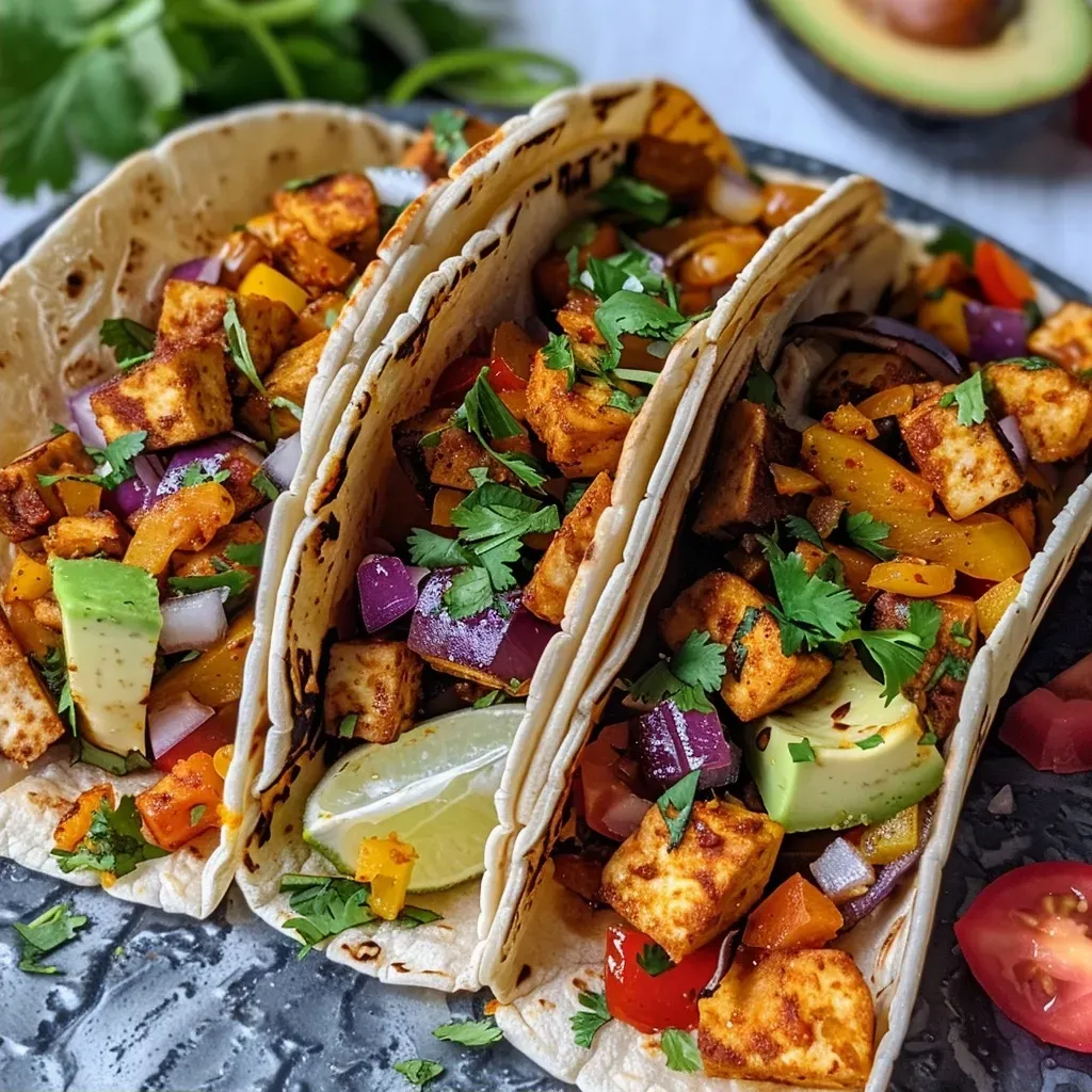 ['Close-up view of juicy vegetarian tacos filled with tofu and fresh ingredients.', 'Side view of vibrant vegetarian tacos showcasing avocado, tomato, and toppings.', 'Delicious vegetarian tacos with visible ingredients like tofu, cilantro, and onions.', 'Appetizing shot of vegetarian tacos with colorful fillings and garnishes.']