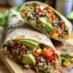 ['Close-up view of a vegetarian wrap with quinoa, feta, and avocado.', 'Side angle of a delicious vegetarian wrap filled with quinoa and garnished with seeds.', 'Detailed shot of a quinoa wrap showcasing avocado slices and feta cheese.', 'Vibrant vegetarian wrap highlighting fresh ingredients like avocado and pumpkin seeds.']
